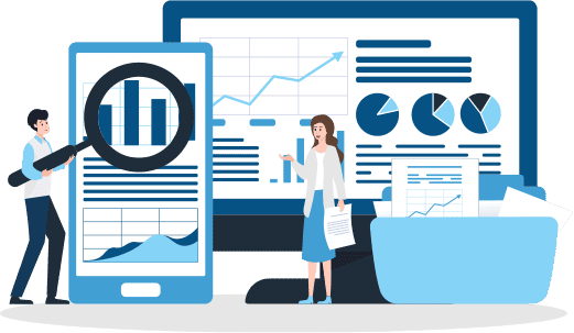 Small human figures stand in front of graphs and reports showing on phone and computer screens. Illustration.