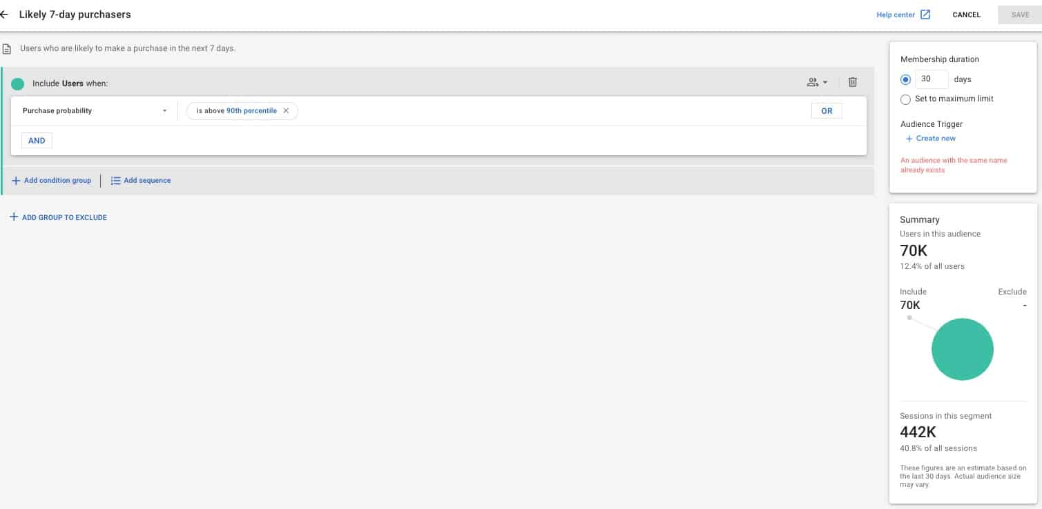 Google Analytics 4: Likely 7-day purchasers tab. Users who are likely to make a purchase in the next 7 days. Include Users when purchase probability is above 90th percentile. Membership duration: 30 days. Users in this audience: 70k.