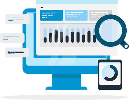 Desktop computer monitor with bar graph and magnifying glass. Illustration.