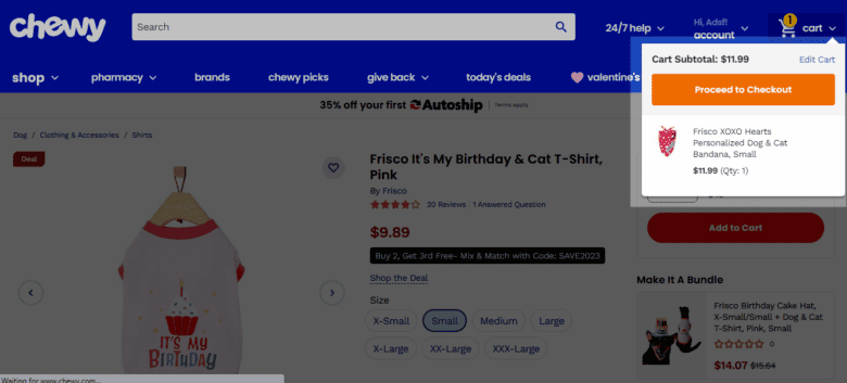 ecommerce cart Chewy.com desktop product page. Highlighted is the shopping cart, which drops in from the top right-hand corner of the screen.