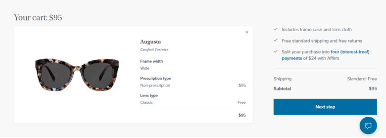 Warby Parker checkout page. Product: Augusta, Confetti Tortoise, $95. Includes frame case and lens cloth. Free standard shipping and free returns. Split your purchase into four (interest-free!) payments of $24 with Affirm. Shipping: Standard, Free. Subtotal: $95.