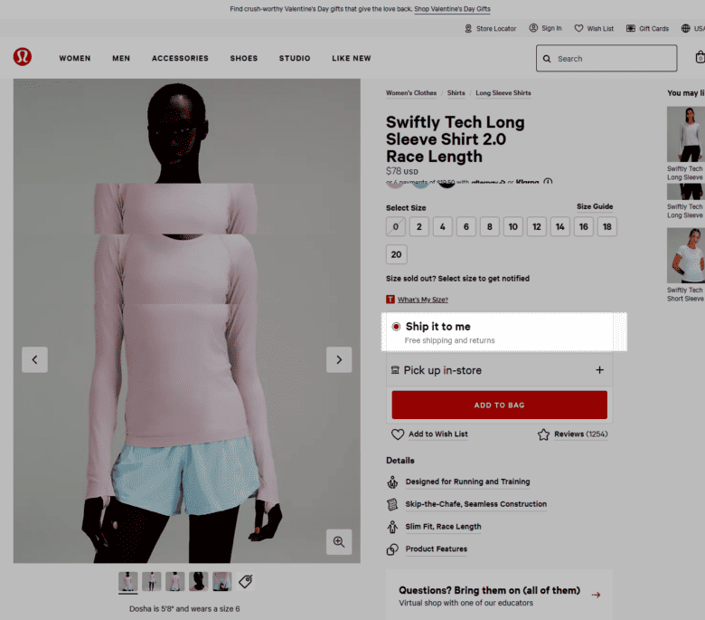 Lululemon.com. Highlighted: Ship it to me. Free shipping and returns.