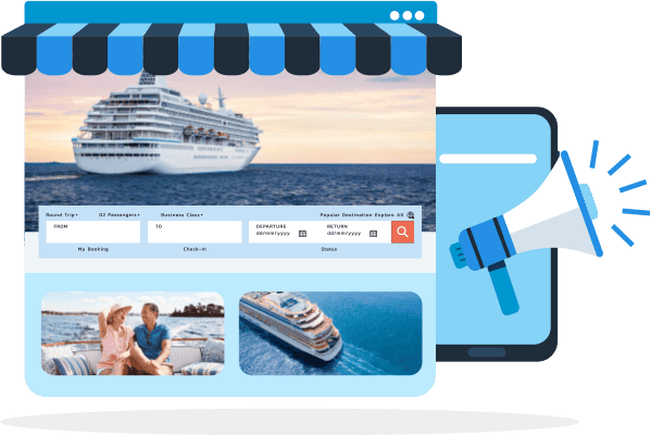 Website page with tour booking options. Images include that of a cruise ship on the sea and a couple laughing on a boat.