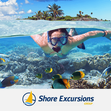 A woman snorkeling through a school of tropical fish. Logo: Shore Excursions Group.