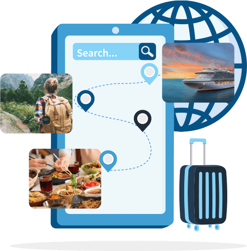 Mobile phone screen with search bar and location pins, surrounded by photos of a cruise ship, a woman hiking, and a table full of Asian food.