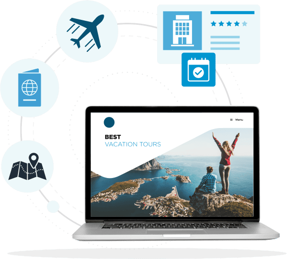 Laptop screen with image of couple standing on a cliff above a seaside town. Caption: Best Vacation Tours.