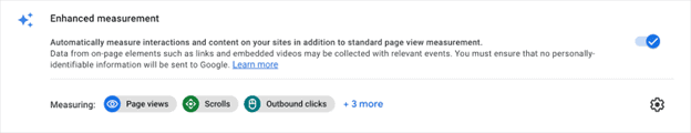 Google Analytics screenshot for Enhanced measurement. Text: Automatically measure interactions and content on your sites in addition to standard page view measurement. Data from on-page elements such as links and embedded videos may be collected with relevant events. You must ensure that no personally-identifiable information will be sent to Google. Button turned to on.