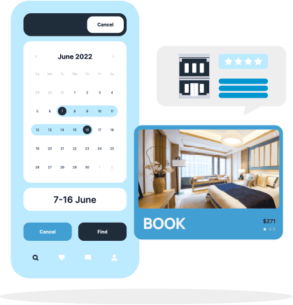 Calendar showing June 2022 dates with a picture of a hotel room and an option to book.