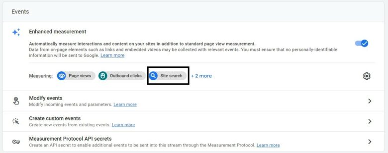 Google Analytics screenshot: Events. Enhanced Measurement turned on. Site Search option is highlighted below.