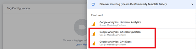 Google Tag Manager screenshot, showing Tag Configuration options "Google Analytics: G A 4 Configuration" and "Google Analytics: G A 4 Event."