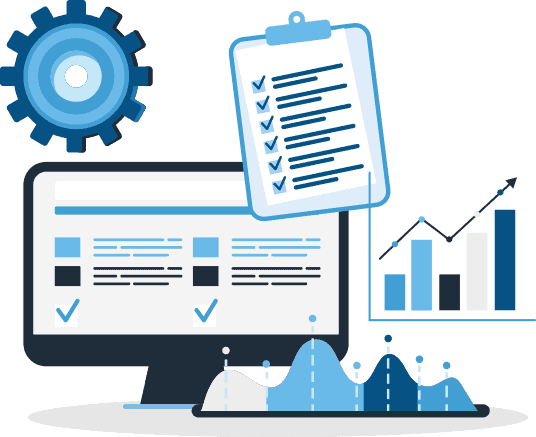 Computer monitor with checkboxes. A clipboard holds a checklist above. Illustration.