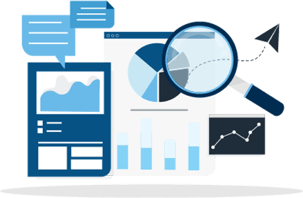 Graphs and charts with a magnifying glass hovering above. Illustration.