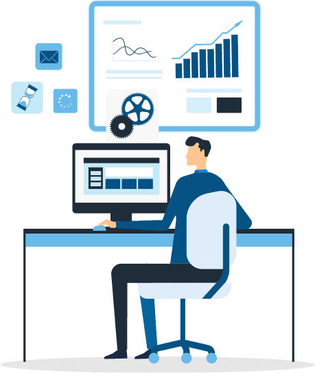email-marketing-3 Human figure sits at a desk and works on a computer monitor. Screen shows bar charts and graphs. Illustration.