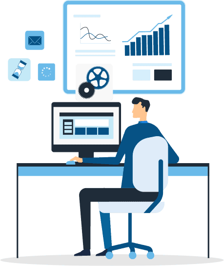 Human figure sits at a desk and works on a computer monitor. Screen shows bar charts and graphs. Illustration.