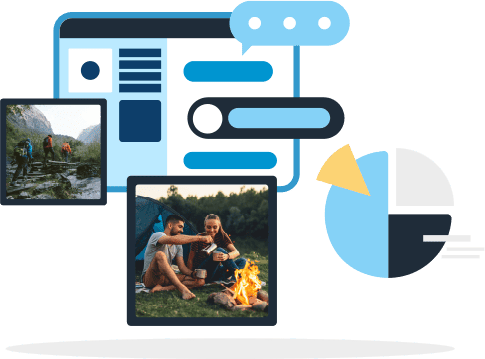 A group of hikers crossing a stream. A couple camping shares coffee in front of a firepit.