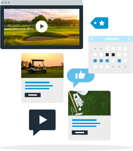 Social media posts showing golf carts and golf gear.