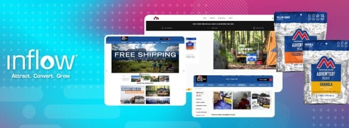 Screenshots of MountainHouse.com, promoting Free Shipping offer. Logo: Inflow. Attract. Convert. Grow.