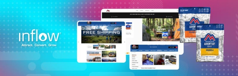 Screenshots of MountainHouse.com, promoting Free Shipping offer. Logo: Inflow. Attract. Convert. Grow.