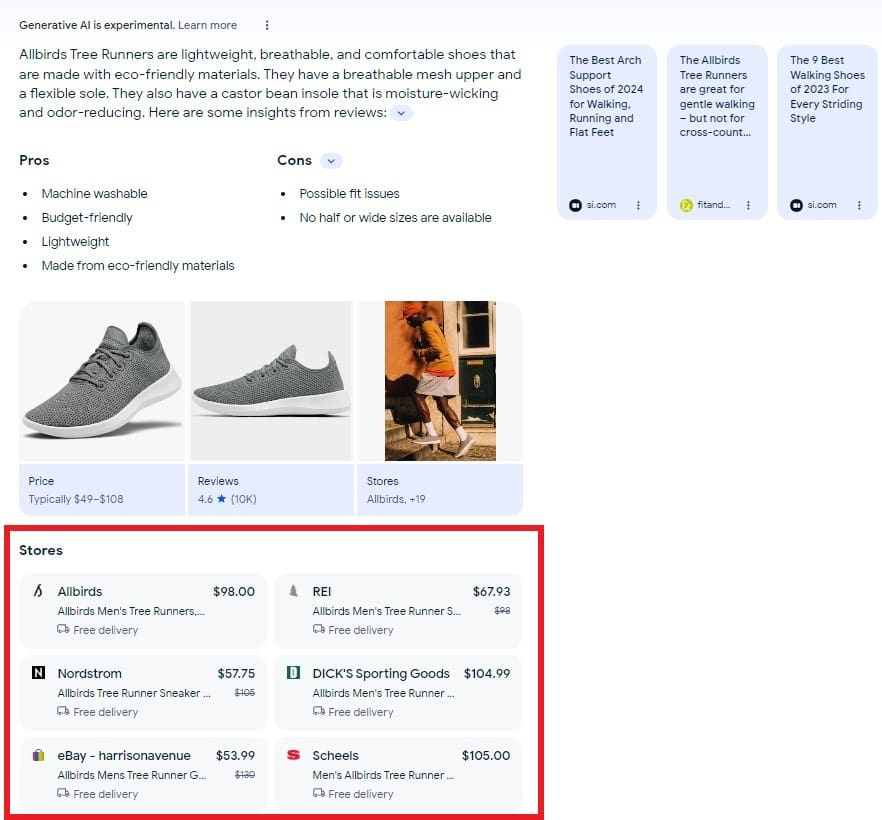 Google Search Generative Experience result for Allbirds. Highlighted are stores: Allbirds, R E I, Nordstrom, Dick's Sporting Goods, eBay, and Scheels.
