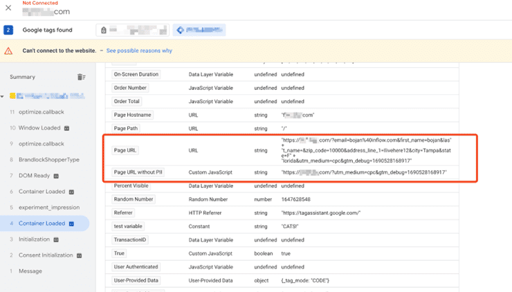 Google Tag Manager Preview Mode. Selected: Page U R L and Page U R L without P I I.