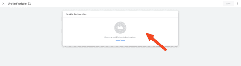 Google Tag Manager, Untitled Variable. Red arrow points to variable configuration box.