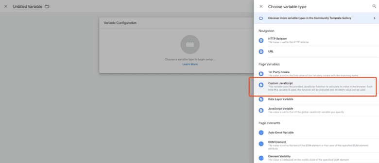 Google Tag Manager, Choose Variable Type. Highlighted: Custom JavaScript.