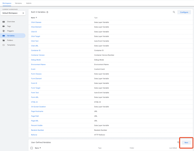 Google Tag Manager Workspace, Built-In Variables. Highlighted at bottom right: New button.