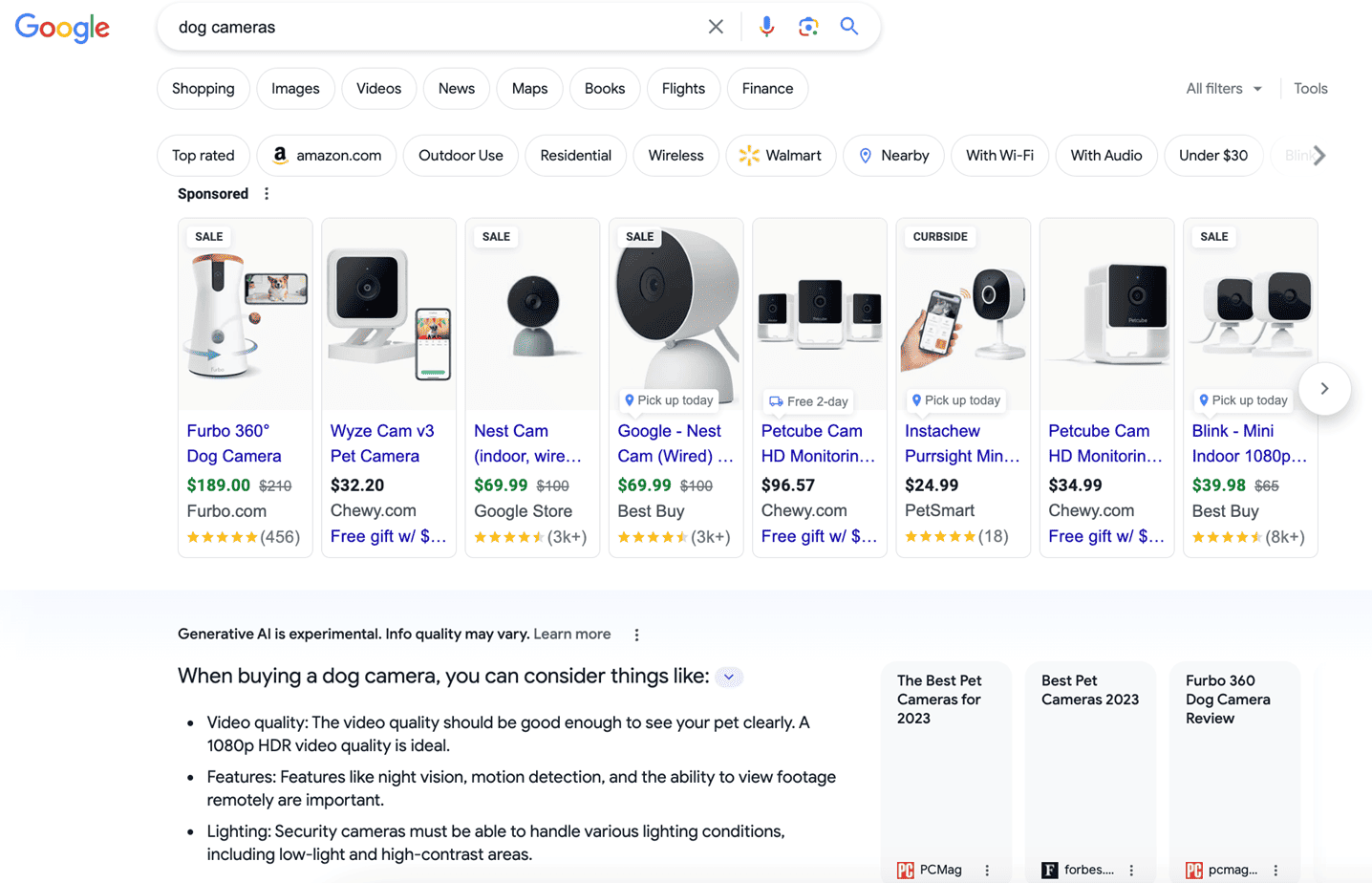 Google Search Generative Experience result for query: dog cameras. Google Shopping Ads appear before the Generative A I content.