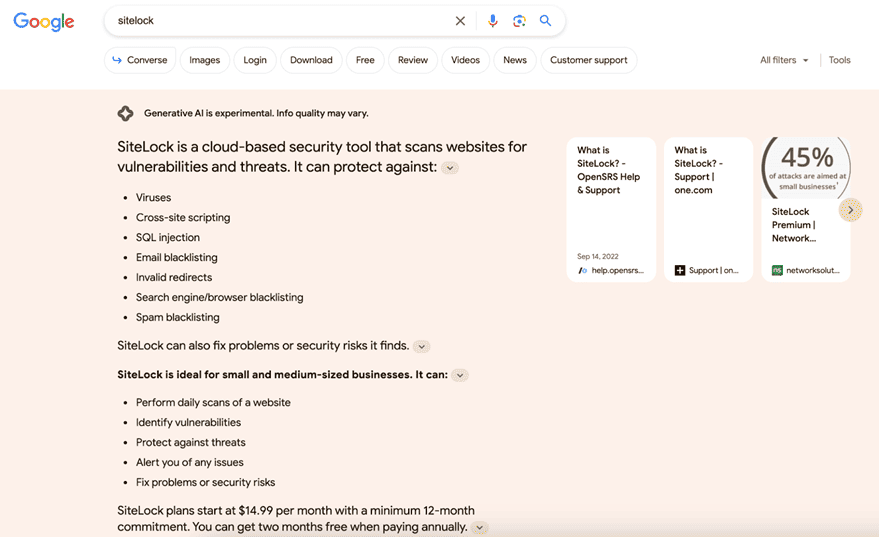 Google Search Generative Experience result for query: Sitelock.