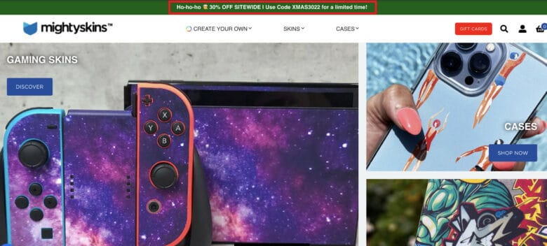 MightySkins.com website. Highlighted is a top navigation bar, with copy: Ho ho ho. 30% off sitewide. Use code XMAS 3022 for a limited time!