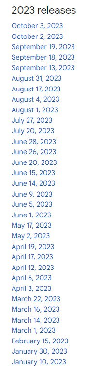 2023 Google Analytics 4 Releases. 33 separate dates spanning from Jan. 10, 2023, to Oct. 3, 2023.