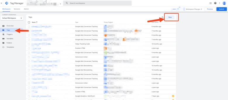 Google Tag Manager: Tags - New.