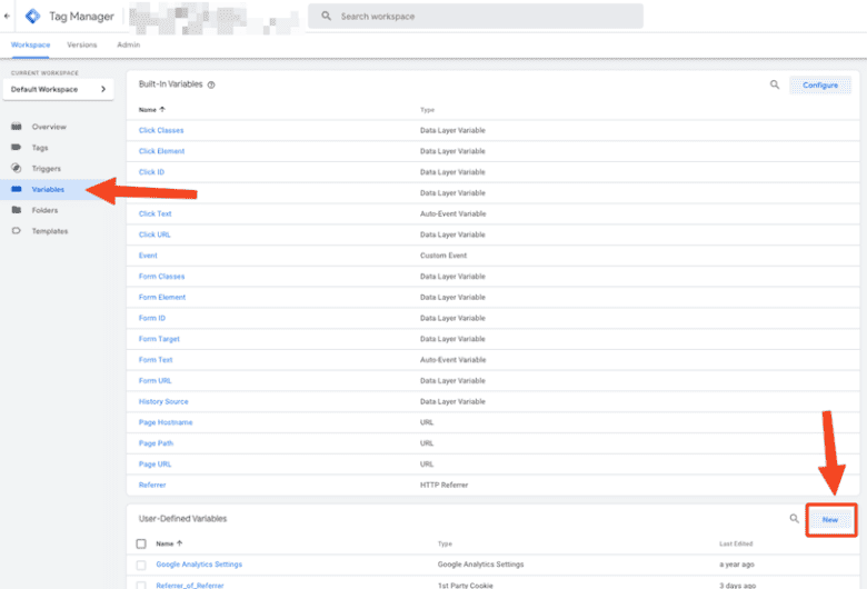 Google Tag Manager. Variables: New.