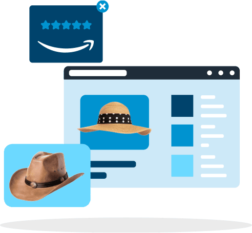 Amazon website product pages showing hats. Illustration.