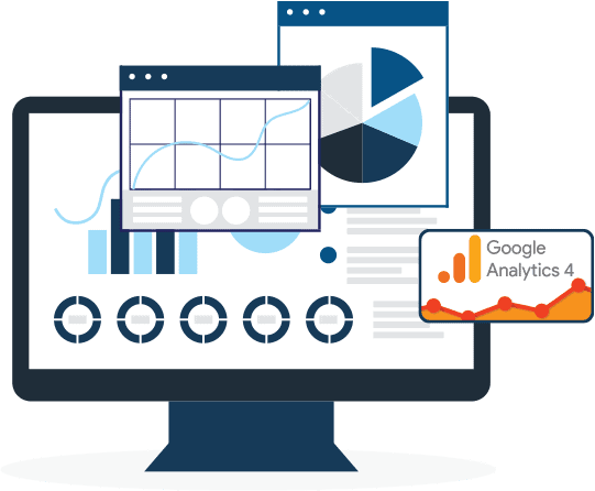 email-marketing-1 Desktop monitor showing graphics and charts. Logo: Google Analytics 4.