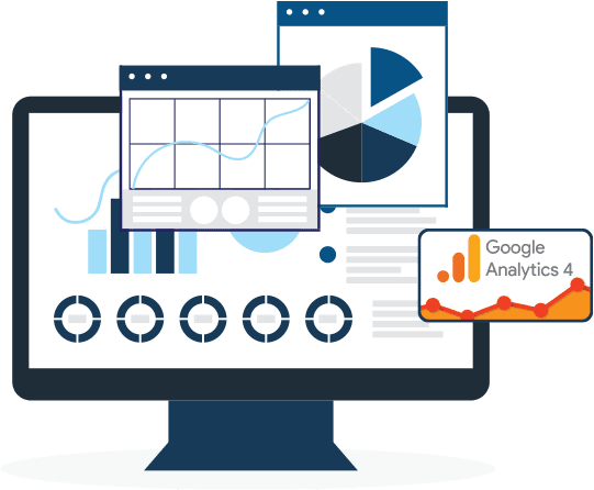 Desktop monitor showing graphics and charts. Logo: Google Analytics 4.