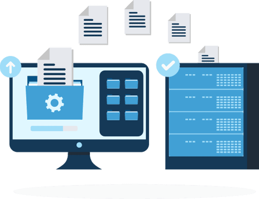 Desktop monitor and desktop computer transferring files back and forth for data backup.