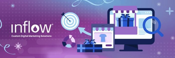Digital devices displaying online shopping portals. Logo: Inflow. Custom Digital Marketing Solutions.