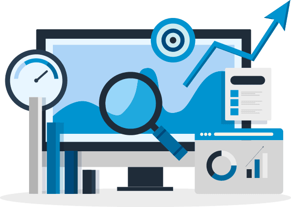 Desktop monitor displaying graphs and bar charts. Illustration.