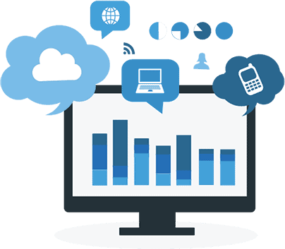 Desktop monitor displaying icons for laptops, cellphones, and cloud storage. Illustration.