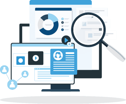 Desktop monitor displaying graphs and video icons. Illustration.