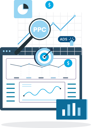 Bar charts and reports, with a magnifying glass hovering over the words P P C.