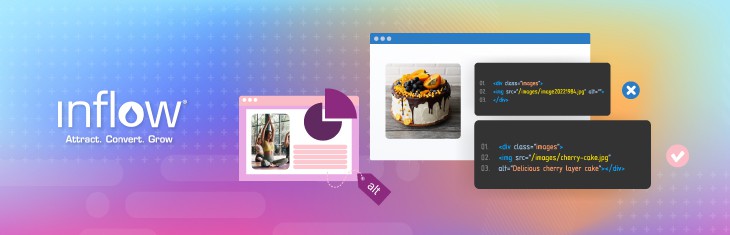 Illustrations of two web pages. The first shows an image of a woman doing yoga. The second shows an image of a cake. Overlaid on both is website code describing each image. Logo: Inflow. Attract. Convert. Grow.