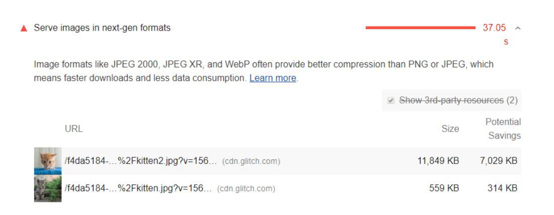 Lighthouse Report: Serve images in next-gen formats. Score: 37.05. Image formats like J P E G 2000, J P E G X R, and WebP often provide better compression than P N G or J P E G, which means faster downloads and less data consumption.