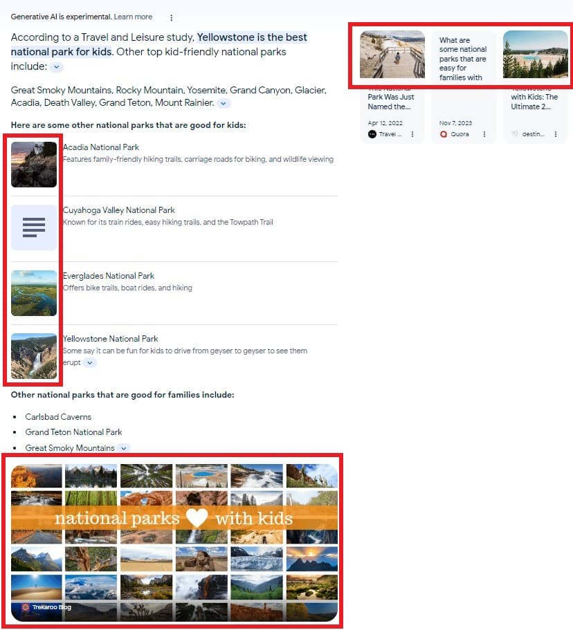 A I search result with content about the best national parks for kids. Circled are images of national parks that appear within the search result.