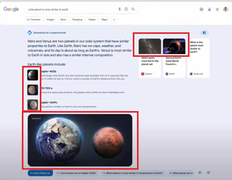 Search Generative Experience result for query which planet is most similar to earth. Circled are images of planets that appear in the search result.