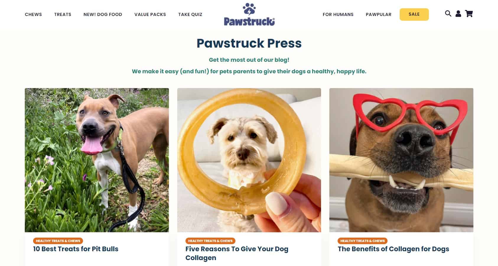 Pawstruck blog: Pawstruck Press. 10 Best Treats for Pit Bulls. Five Reasons to Give Your Dog Collagen. The Benefits of Collagen for Dogs.