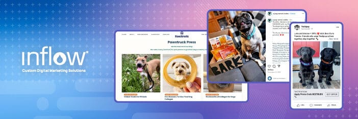 Social media posts of dogs and pet products, accompanied with a screenshot of a blog from Pawstruck.