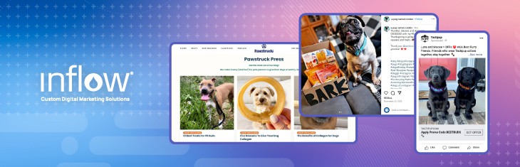 Social media posts of dogs and pet products, accompanied with a screenshot of a blog from Pawstruck.