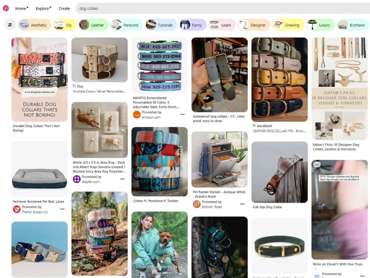 Pinterest search results for dog collars, featuring ads from Amazon and Tractor Supply Company.